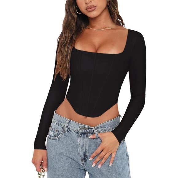 Reoria Womens Sexy Square Neck Long Sleeve Backless Y2k Going Out Crop Tops - Picture 1 of 6